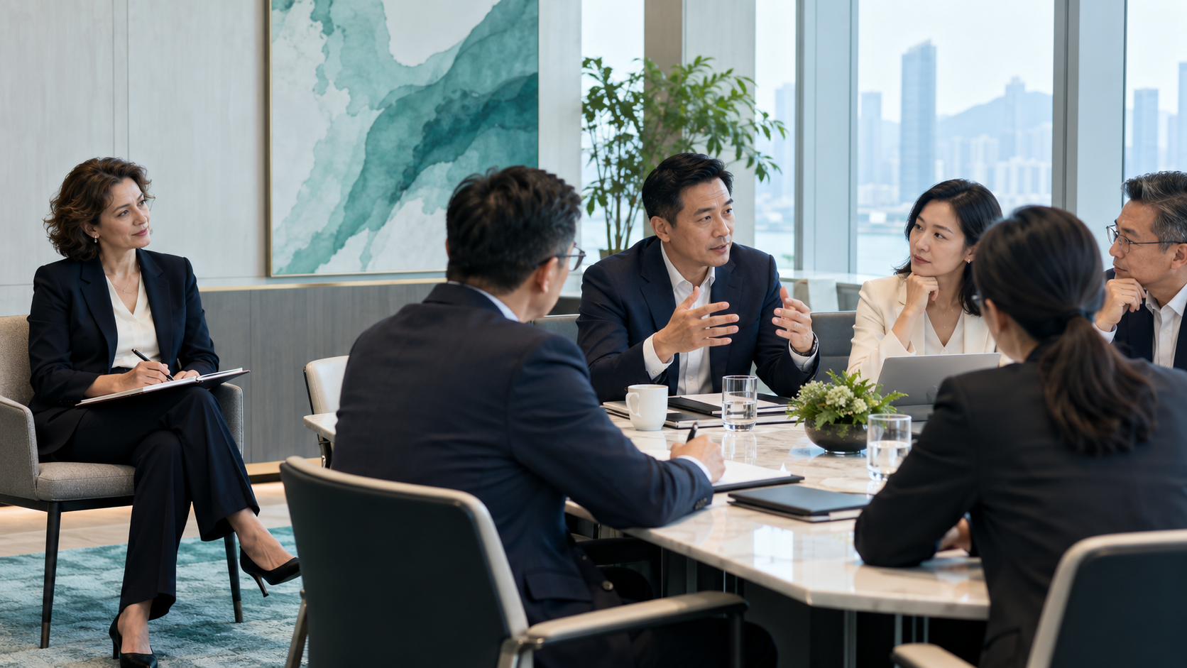 外部企业教练在战略会议中观察组织系统的场景