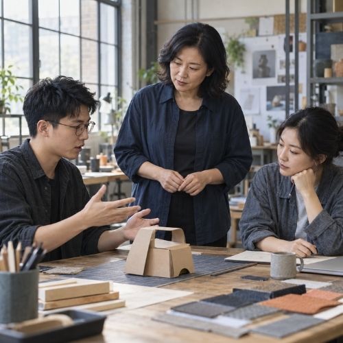 中国管理者在产品设计工作现场倾听团队成员说明任务的场景示意