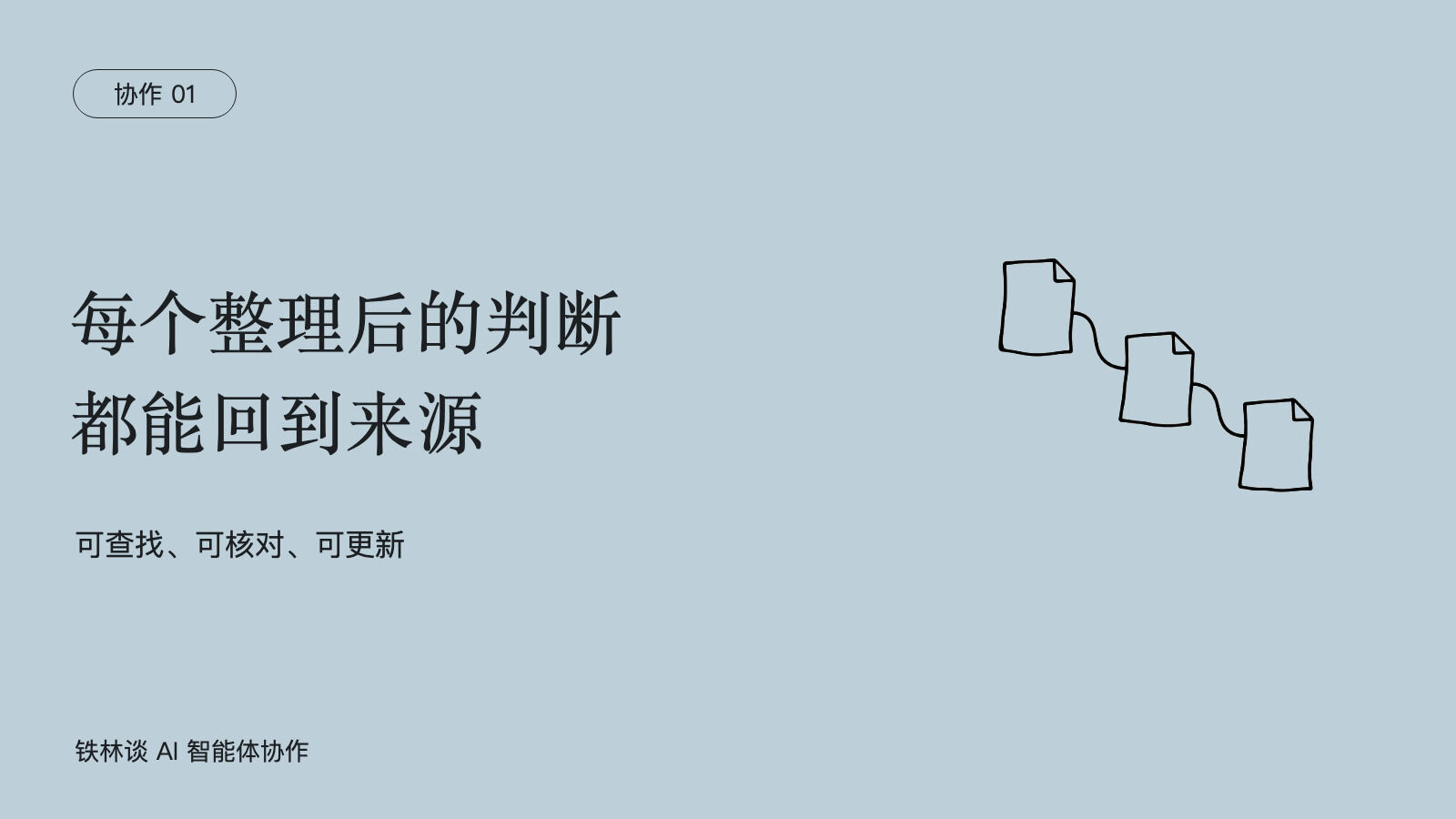 每个整理后的判断，都能回到来源，可查找、可核对、可更新