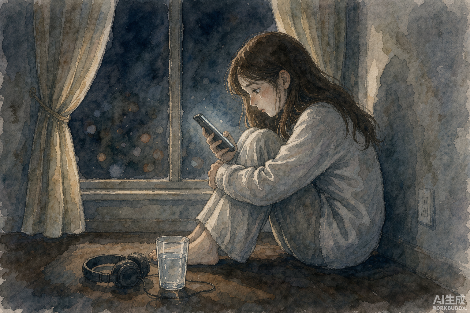 夜晚窗边看着手机的女子水彩插画