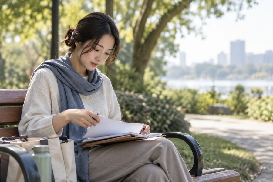 一个人在公园长椅上整理笔记