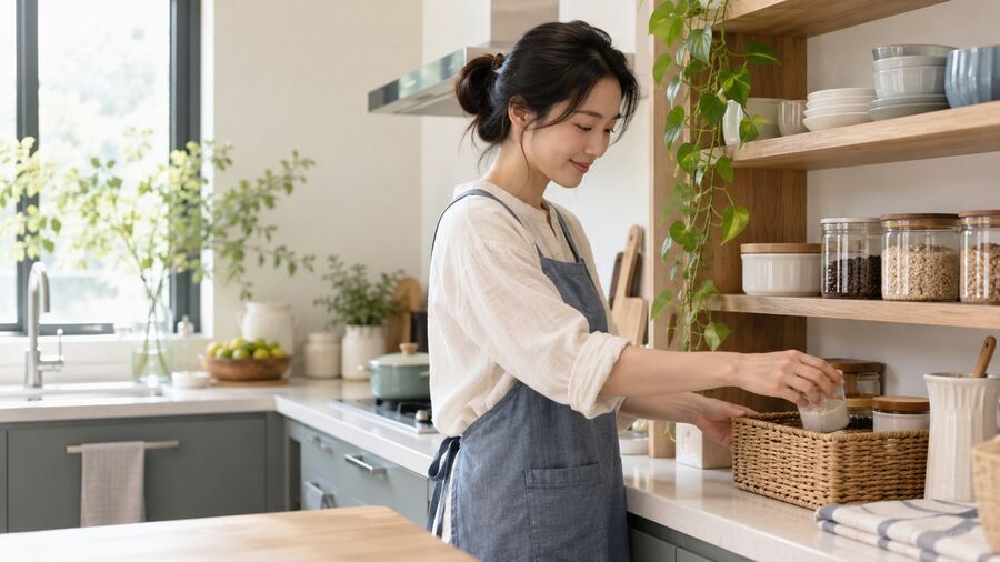 一个人在自然光厨房里整理生活用品