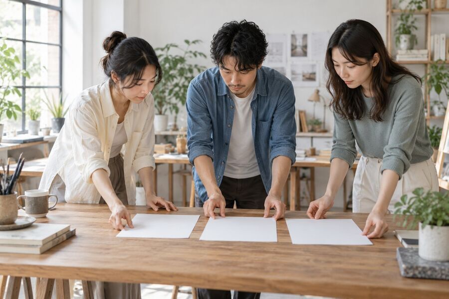 一个人在工作室比较三个纸样