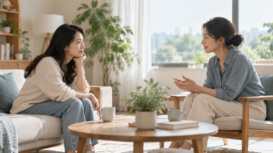两位成年人在自然光下安静倾听