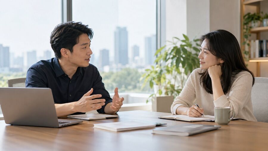 两个人在自然光会议室里平静交流
