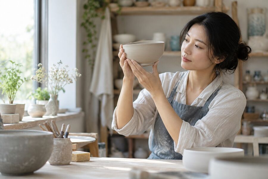 一个人在陶艺工作室检视陶碗