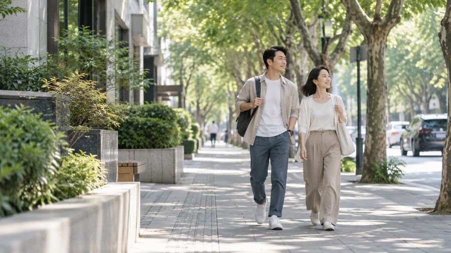 一个人走在有树荫的城市街道