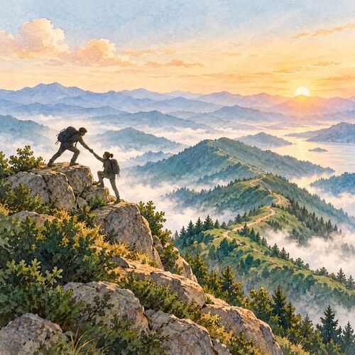 远景山脊上，一位登山者伸手扶另一位登山者向上攀登